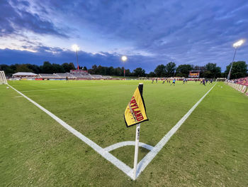 Scenic view of soccer field against sky