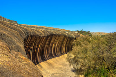 Rock formations on landscape against clear blue sky