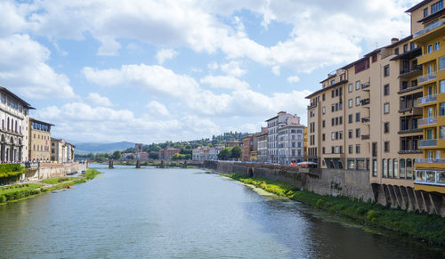 River amidst buildings in town against sky