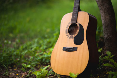 Close-up of guitar on field