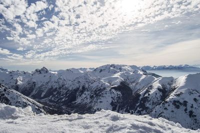 Scenic view of snowcapped mountains against sky