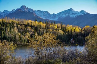 Scenic view of lake by mountain against sky