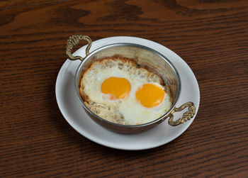 High angle view of breakfast served on table