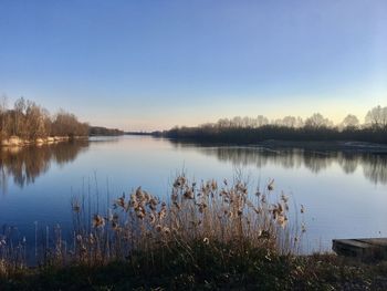 Scenic view of lake against clear sky