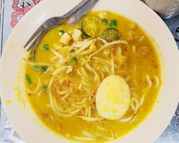 High angle view of soup in bowl