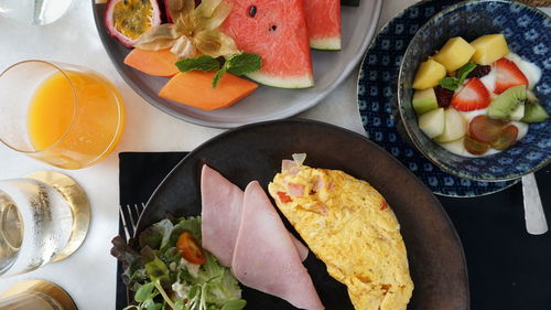 High angle view of breakfast served on table