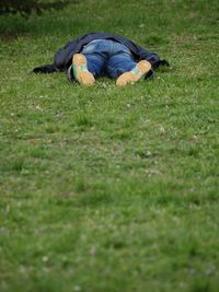 High angle view of man resting on grass