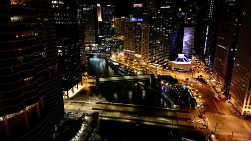 High angle view of illuminated buildings in city of chicago at night