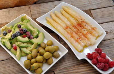 High angle view of fruits in plate on table