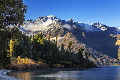 Scenic view of snowcapped mountains by lake against sky