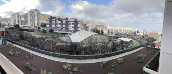 High angle view of buildings against sky