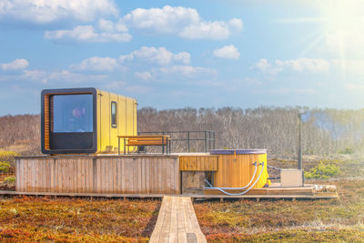 The glamping with romantic location for steaming hot tub warmed by fire wood