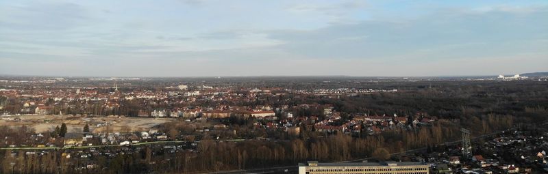 High angle shot of townscape against sky