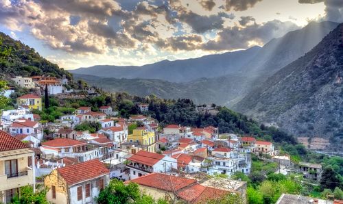 High angle view of houses in town