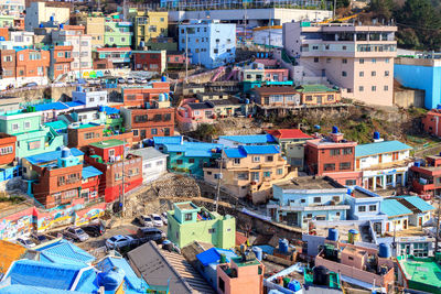 High angle view of houses in town