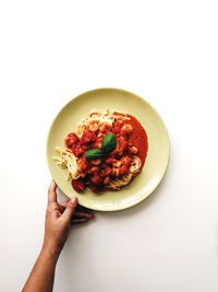 Cropped image of hand holding food plate over white background