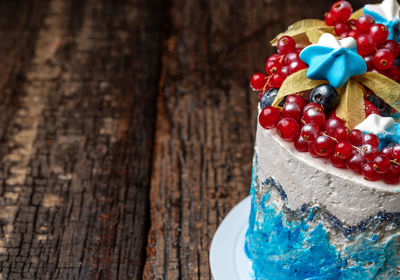 Close-up of multi colored cake on table