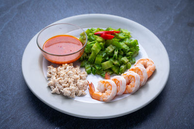 High angle view of meal served on table