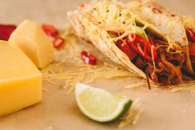 High angle view of tortilla on table