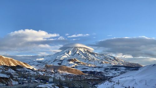 Scenic view of snowcapped mountains against sky