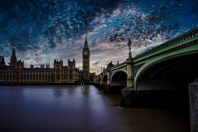 Westminster bridge over river in city at dusk