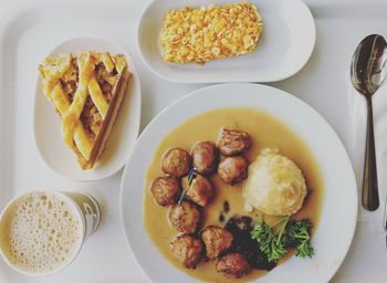 High angle view of breakfast served on table