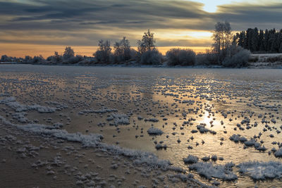 Scenic view of snow covered land during sunset