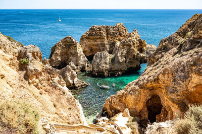 Panoramic view of rocks on beach against sky