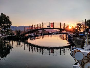 Bridge over river in city against sky during sunset