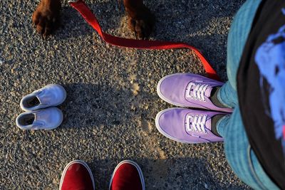 Low section of woman by shoes and dog standing on road