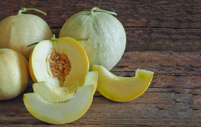 High angle view of fruits on cutting board