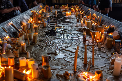 Illuminated candles burning in temple