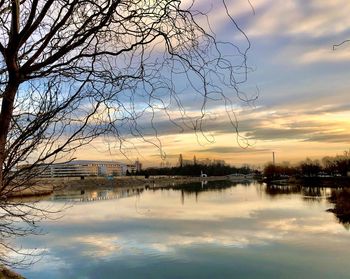 Scenic view of lake against sky at sunset