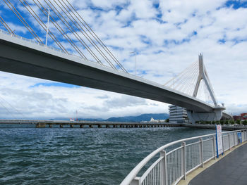 View of suspension bridge against cloudy sky