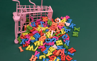 Scattered multicolored letters of the english alphabet from a miniature shopping cart on a 