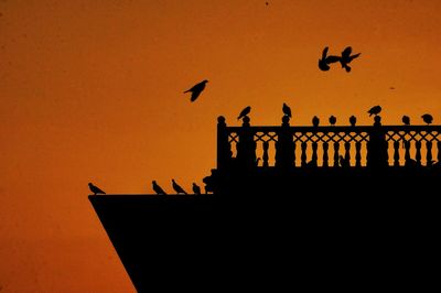 Low angle view of silhouette birds flying against sky during sunset