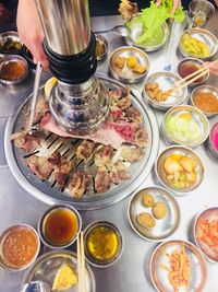 High angle view of meal served on table