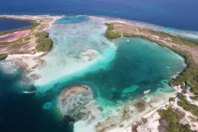 Drone view of beach with clear water in los roques, caribbean sea, venezuela