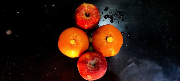 High angle view of fruits on table against black background