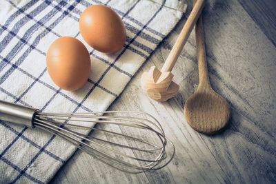 High angle view of eggs on table