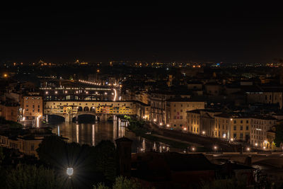 High angle view of illuminated buildings in city at night