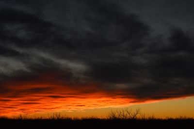 Silhouette landscape against orange sky