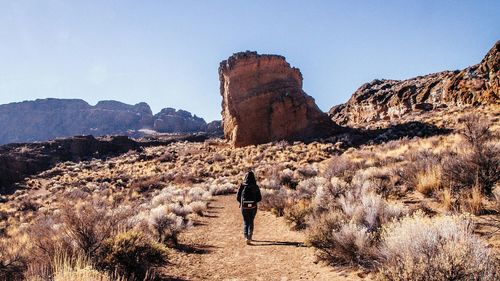 Rear view of man hiking on mountain