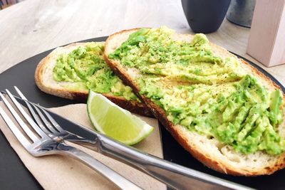 High angle view of breakfast on table