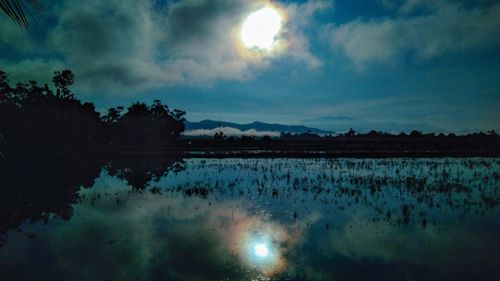 Scenic view of lake against sky at dusk