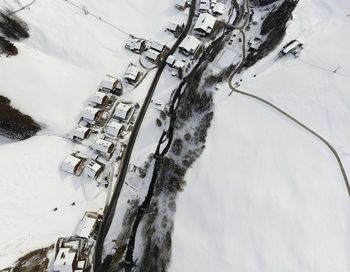 High angle view of snow covered land