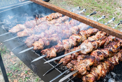 High angle view of food on barbecue grill