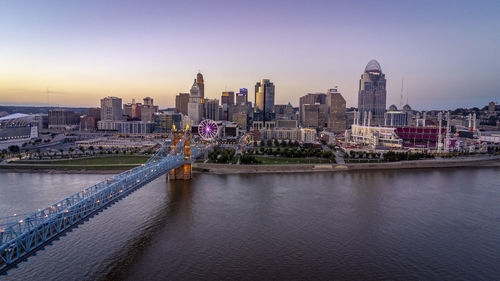 River by city buildings against sky during sunset