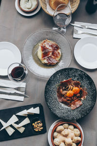 High angle view of food served on table