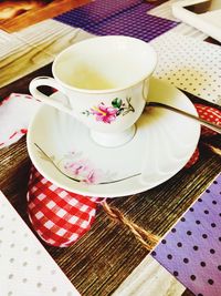 High angle view of tea cup on table